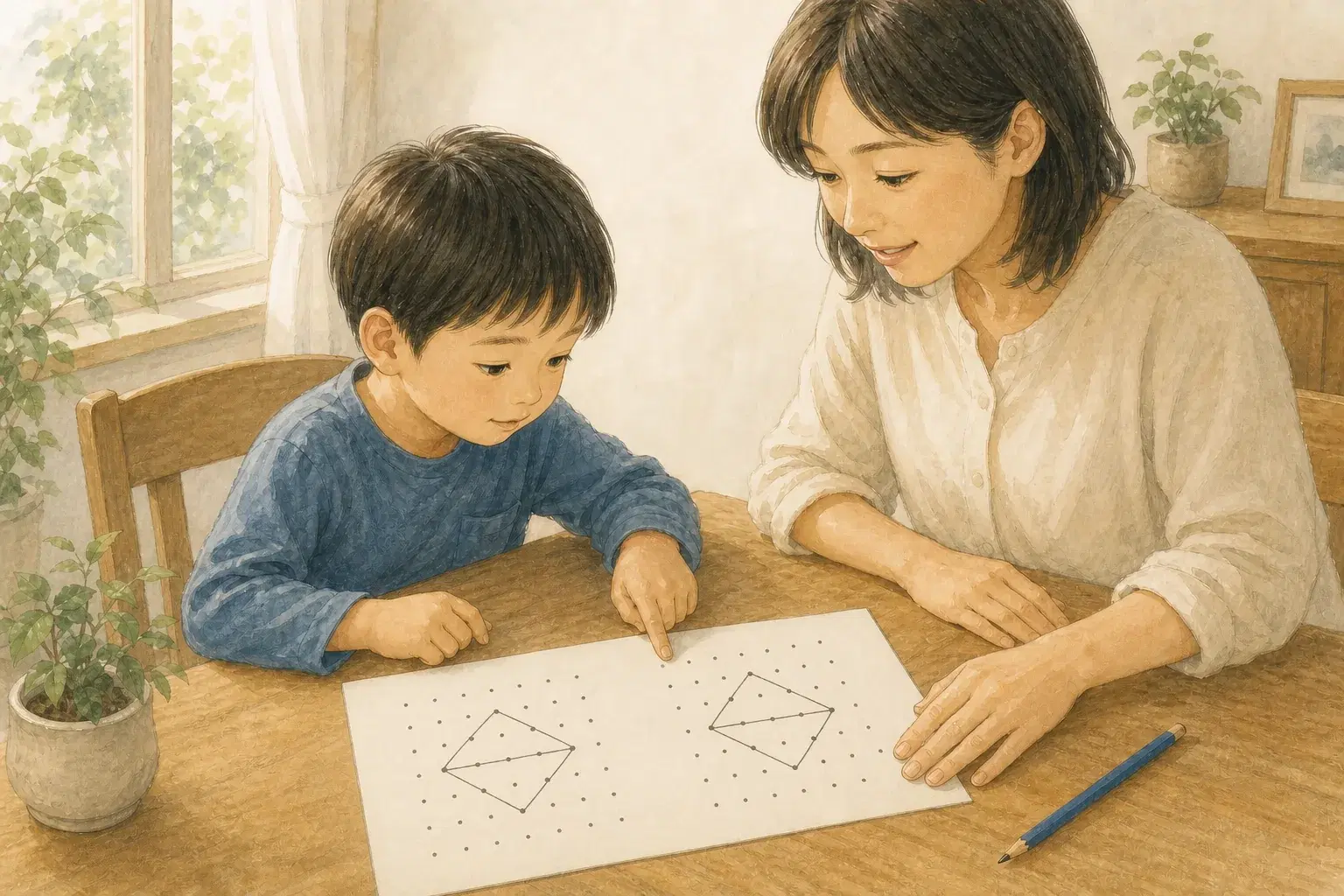 一枚の点描写プリントに並ぶ左のお手本と右の子どもが描いた形を、親子で穏やかに見比べる様子