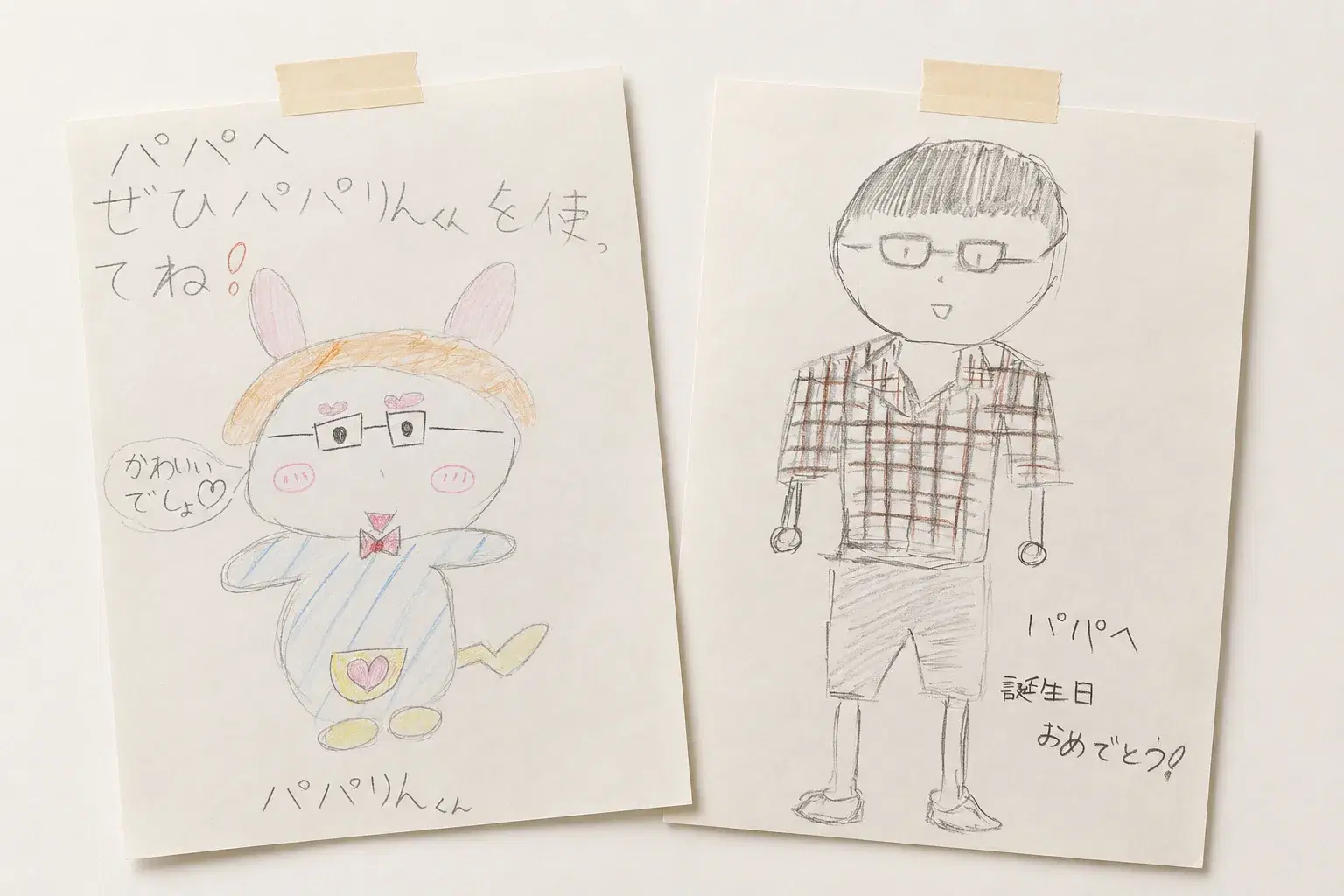 壁にマスキングテープで貼られた、子どもが鉛筆と色鉛筆で描いた2枚の絵。左はうさぎ耳と眼鏡のキャラクター「パパりんくん」、右はチェックシャツに眼鏡の店主の似顔絵と「パパへ 誕生日おめでとう!」のメッセージ