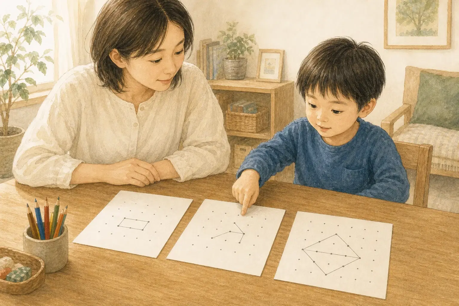 難しさの異なる三枚の点描写プリントから、子どもが今取り組みたい一枚を選ぶ様子