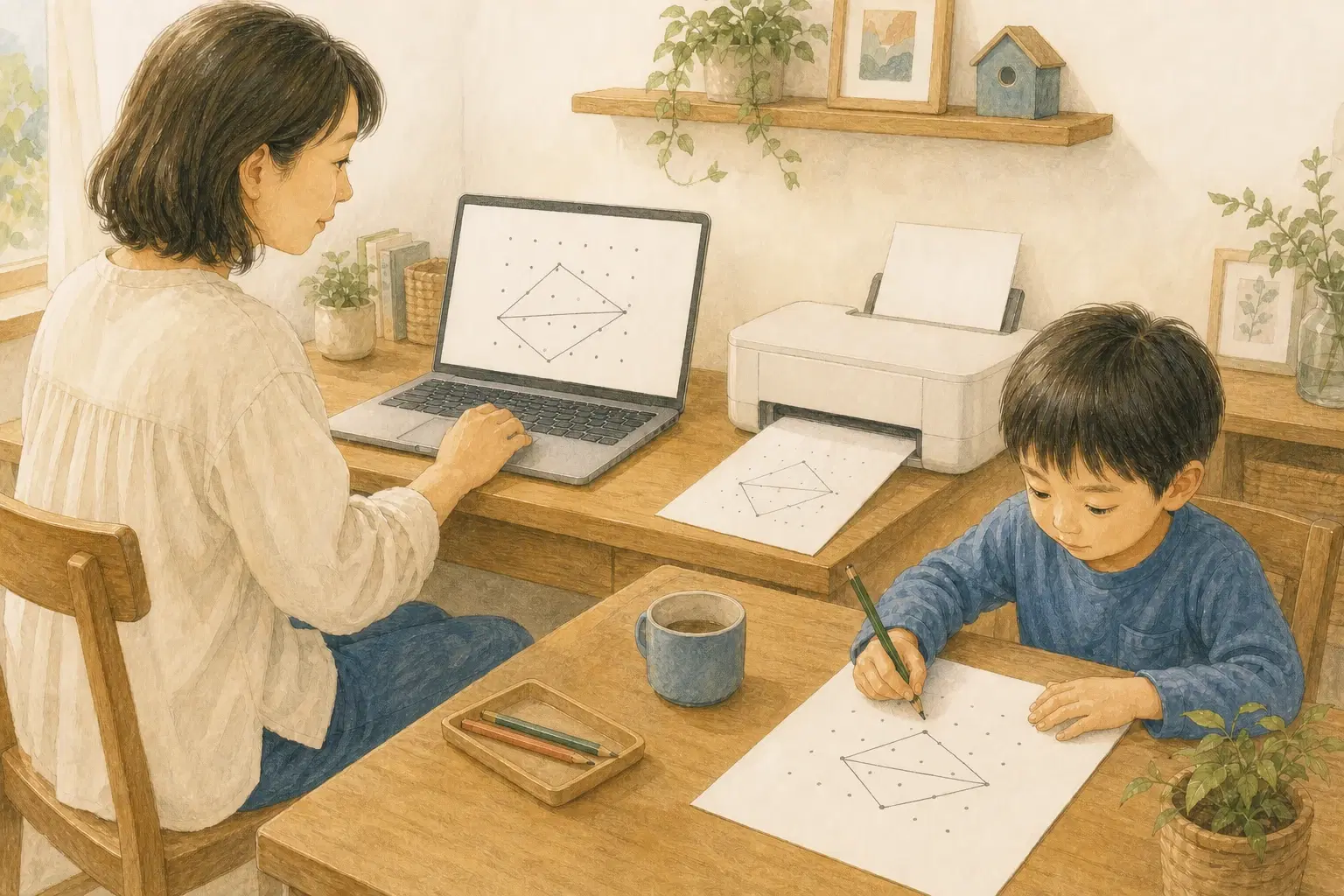 親がパソコンで点描写の問題を作って印刷し、子どもは机で紙のプリントに鉛筆で取り組む様子