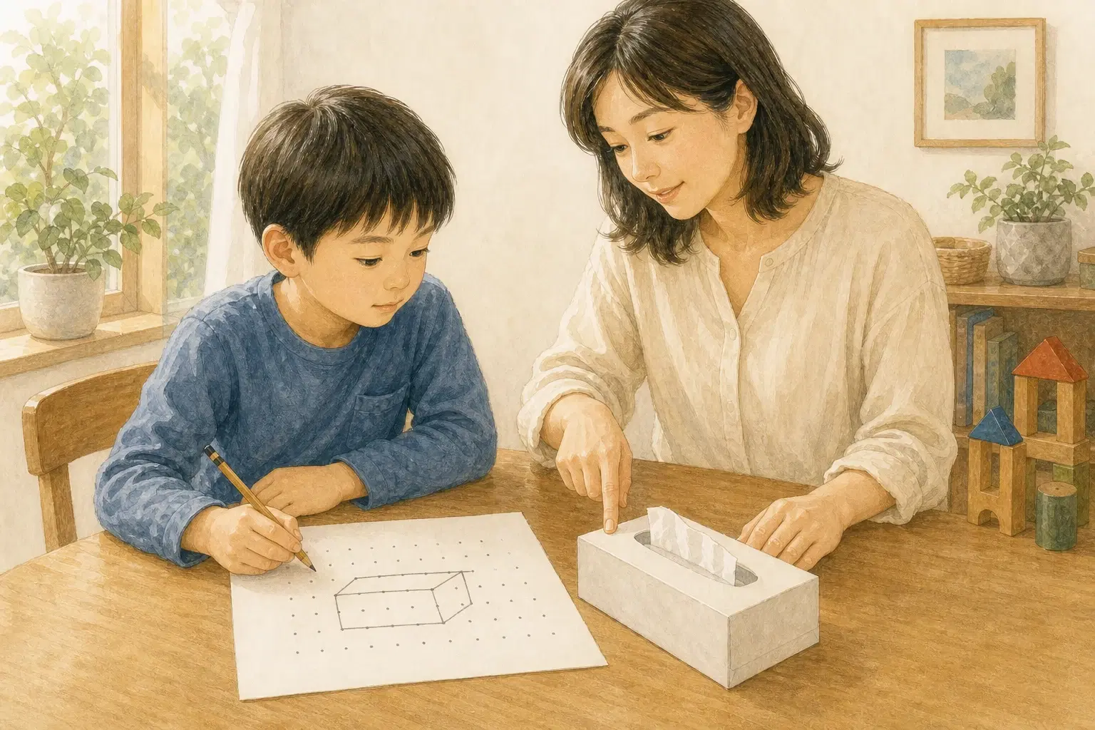 小4くらいの子どもが、親とティッシュ箱の辺を見ながら、点の並んだ紙へ直方体の見取り図を描いている様子