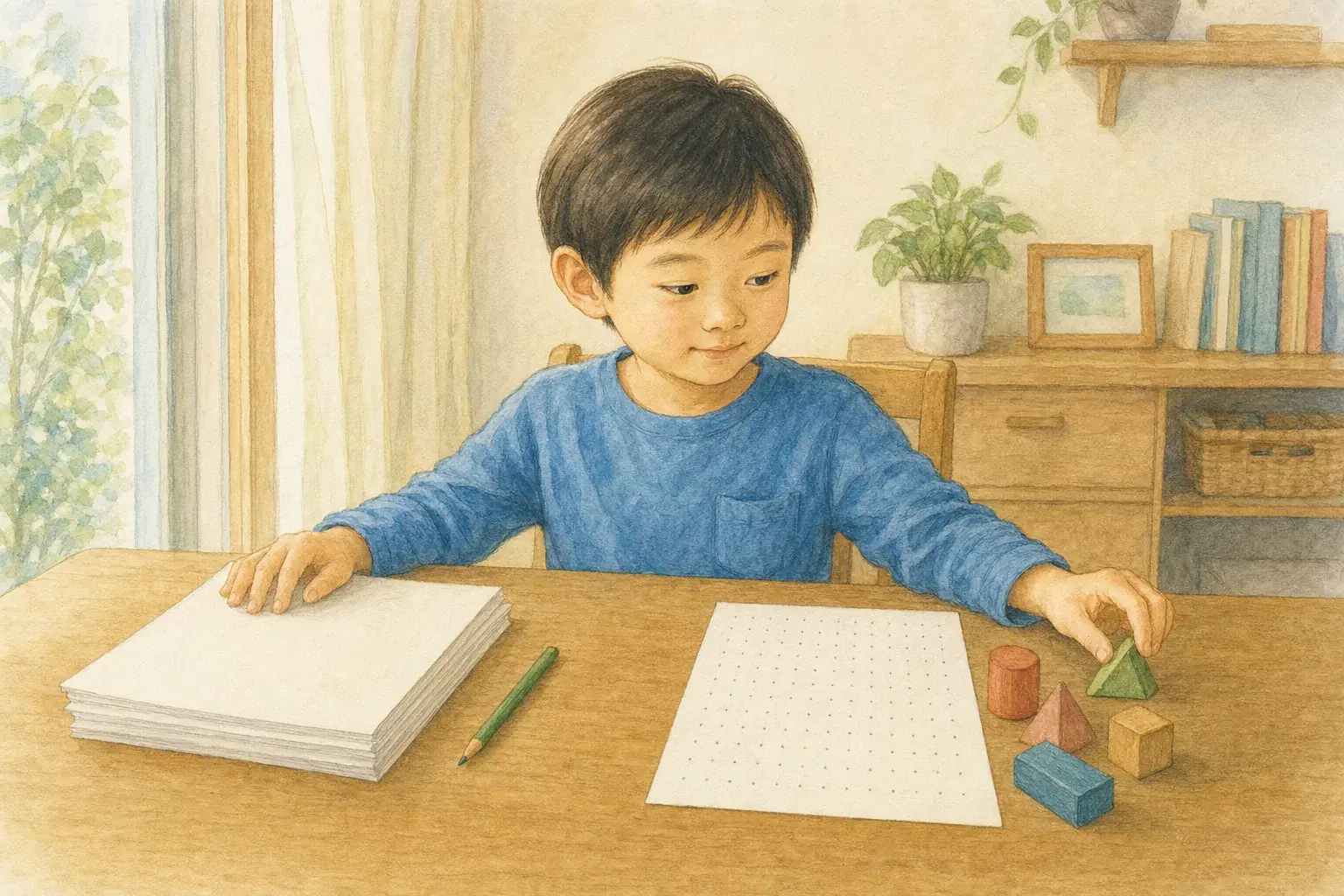 机の左右に計算のプリントと点の盤面や積み木を分けて並べ、二つの学びに向き合う子ども