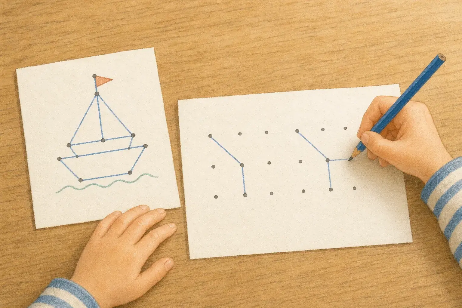 点をつないだ船の絵の隣で、子どもが3×3の点の盤面へ短い直線の見本を写している手元