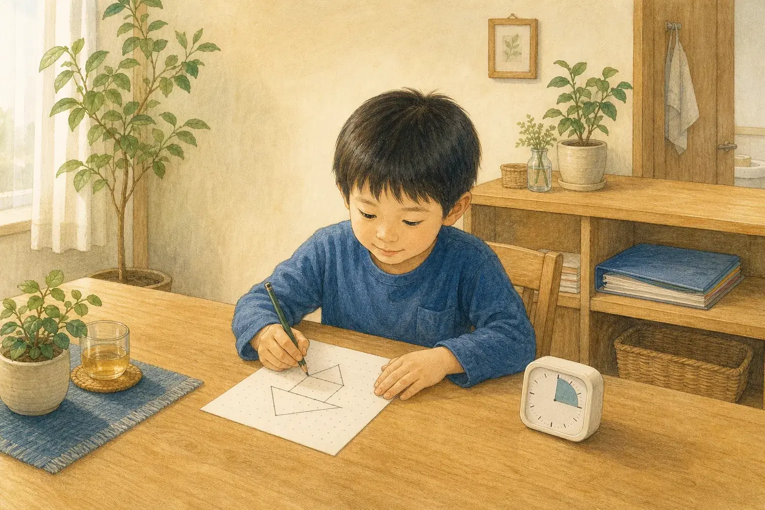 宿題のファイルとは離れた食卓で、子どもがタイマーのそばに一枚だけ広げた点描写へ取り組む様子