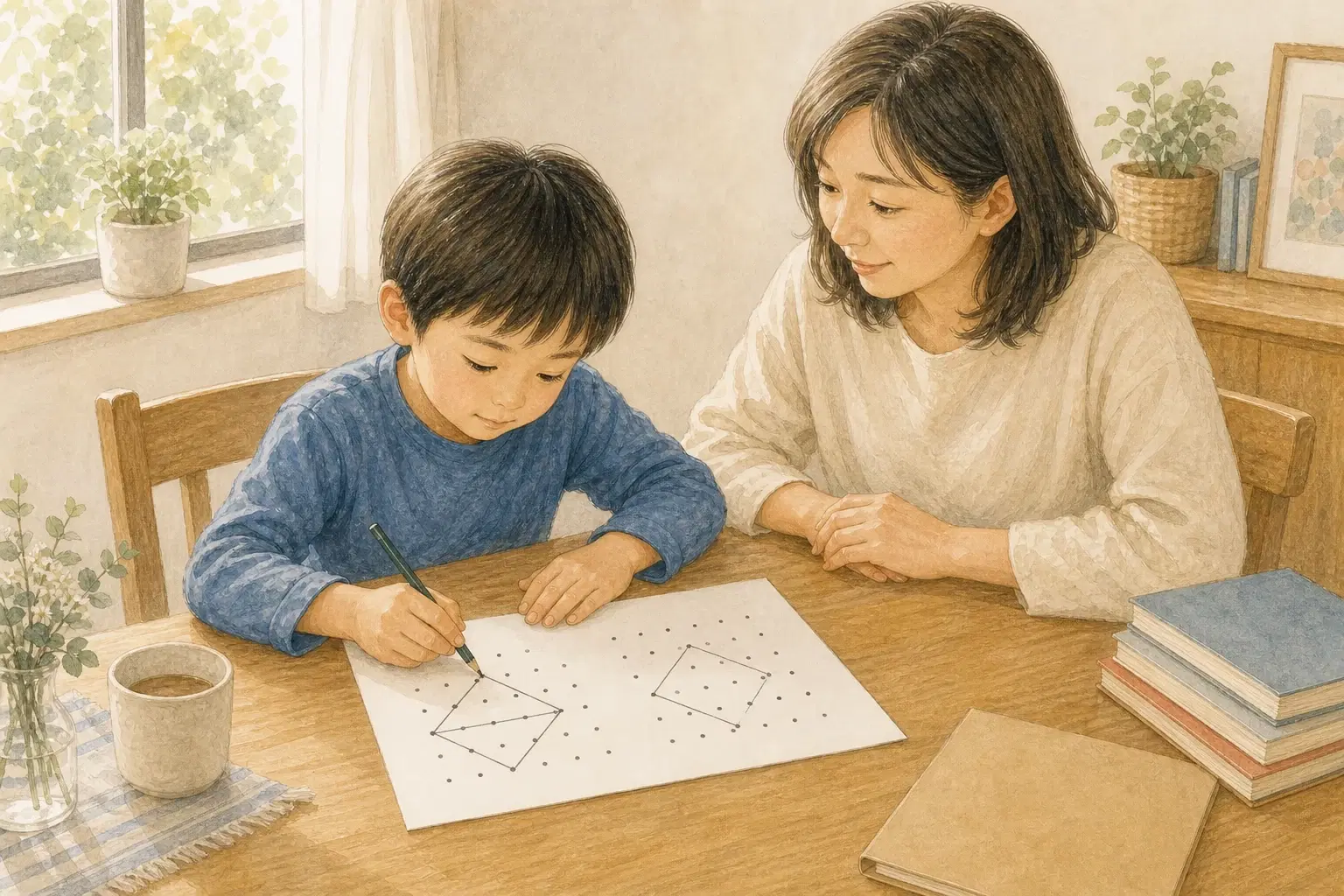 家庭の明るい食卓で、子どもが点の並んだ見本を見ながら図形を写し、親がそばで見守る様子