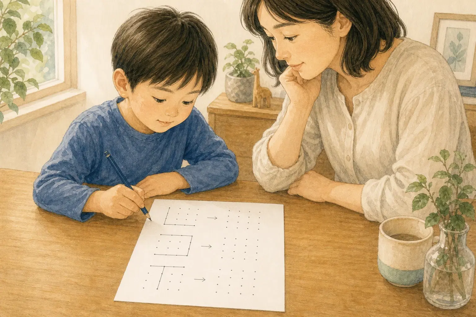 親が一枚の点描写プリントに取り組む子どもの手元を見守り、次に変える設定を考える様子