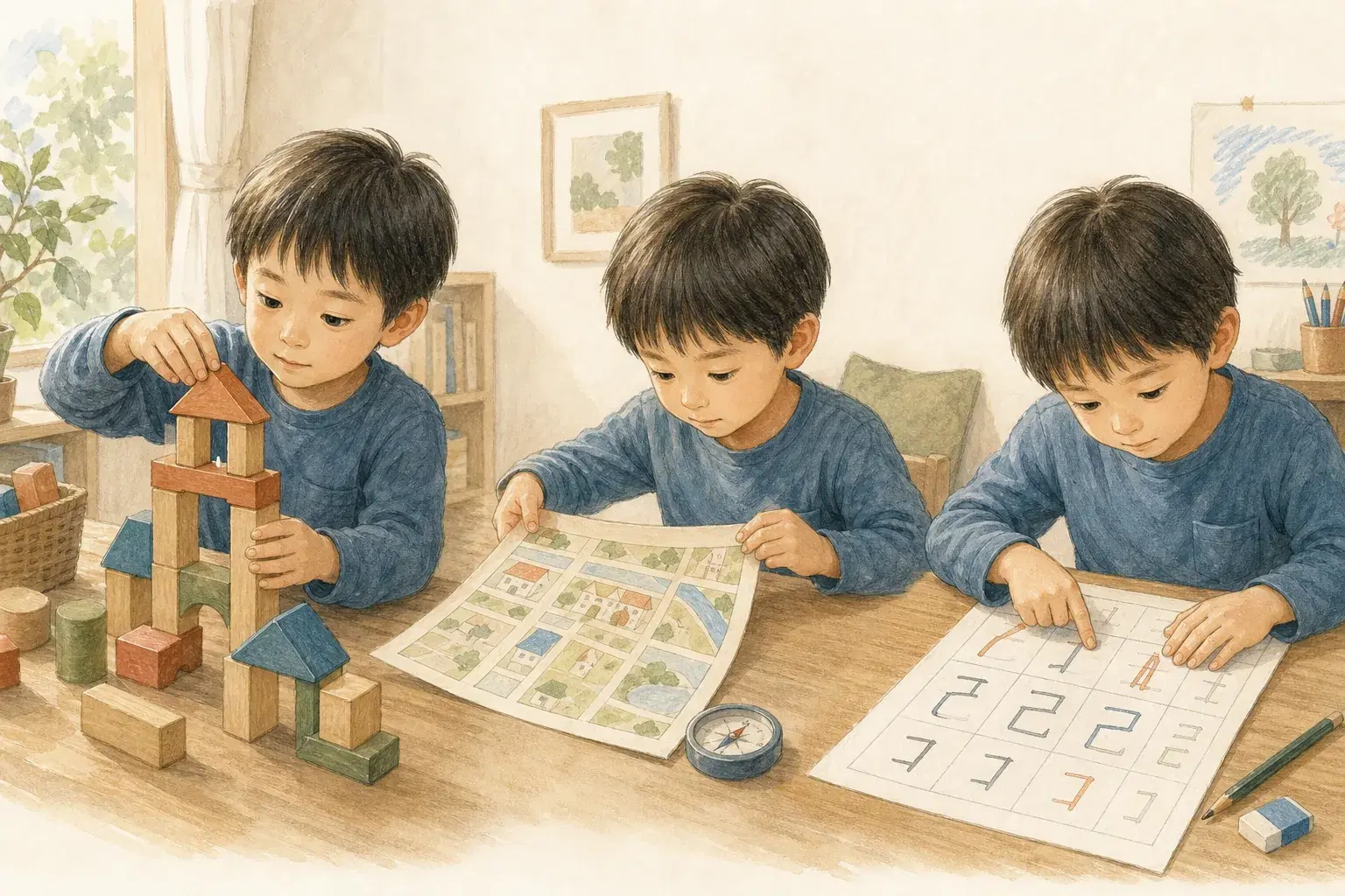 積み木、地図、文字の形を通して、子どもが日常の中で空間認知を使う様子