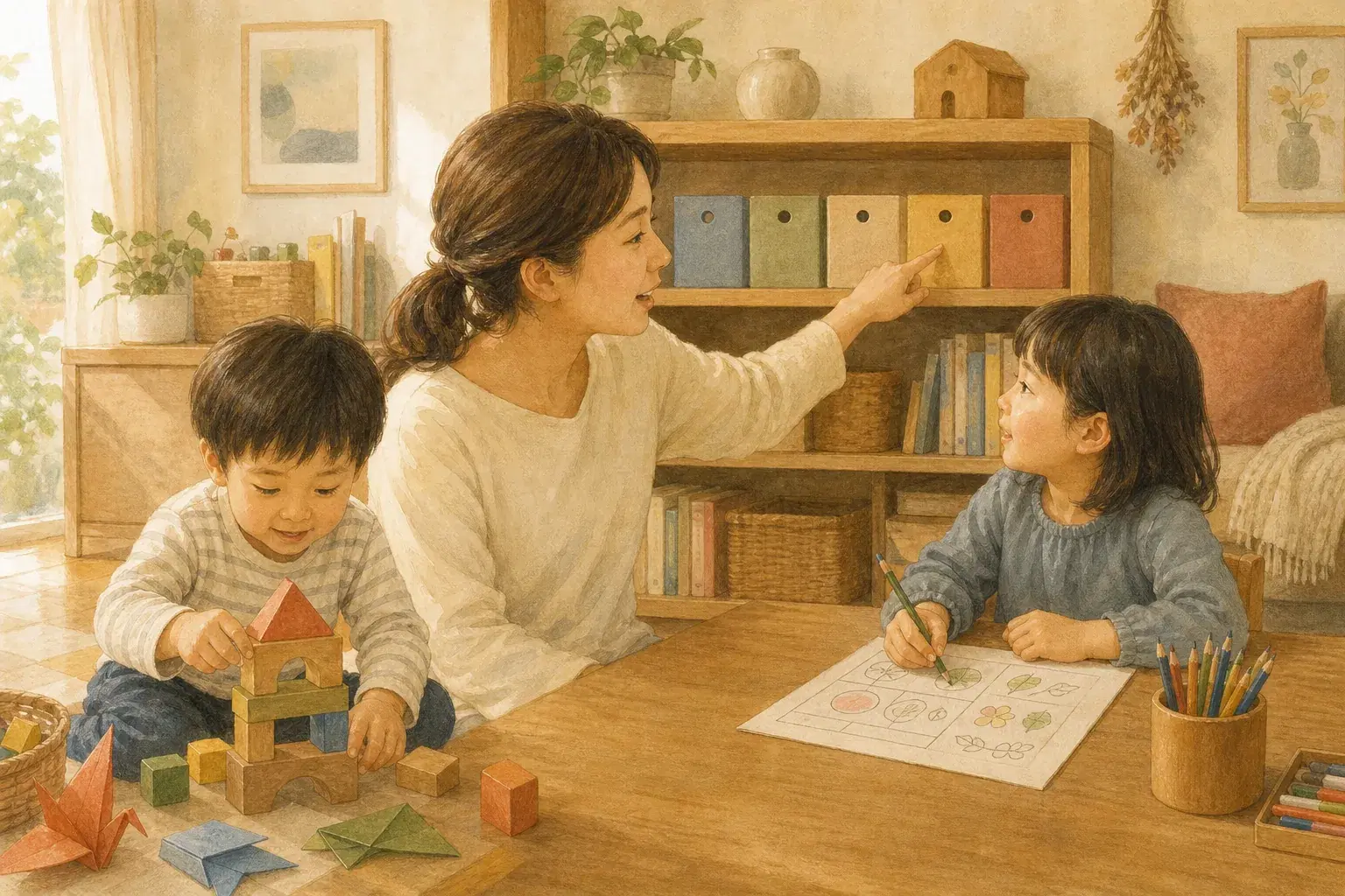 形を動かす遊び、位置を表す会話、紙と鉛筆による練習という三つの家庭学習のレーン