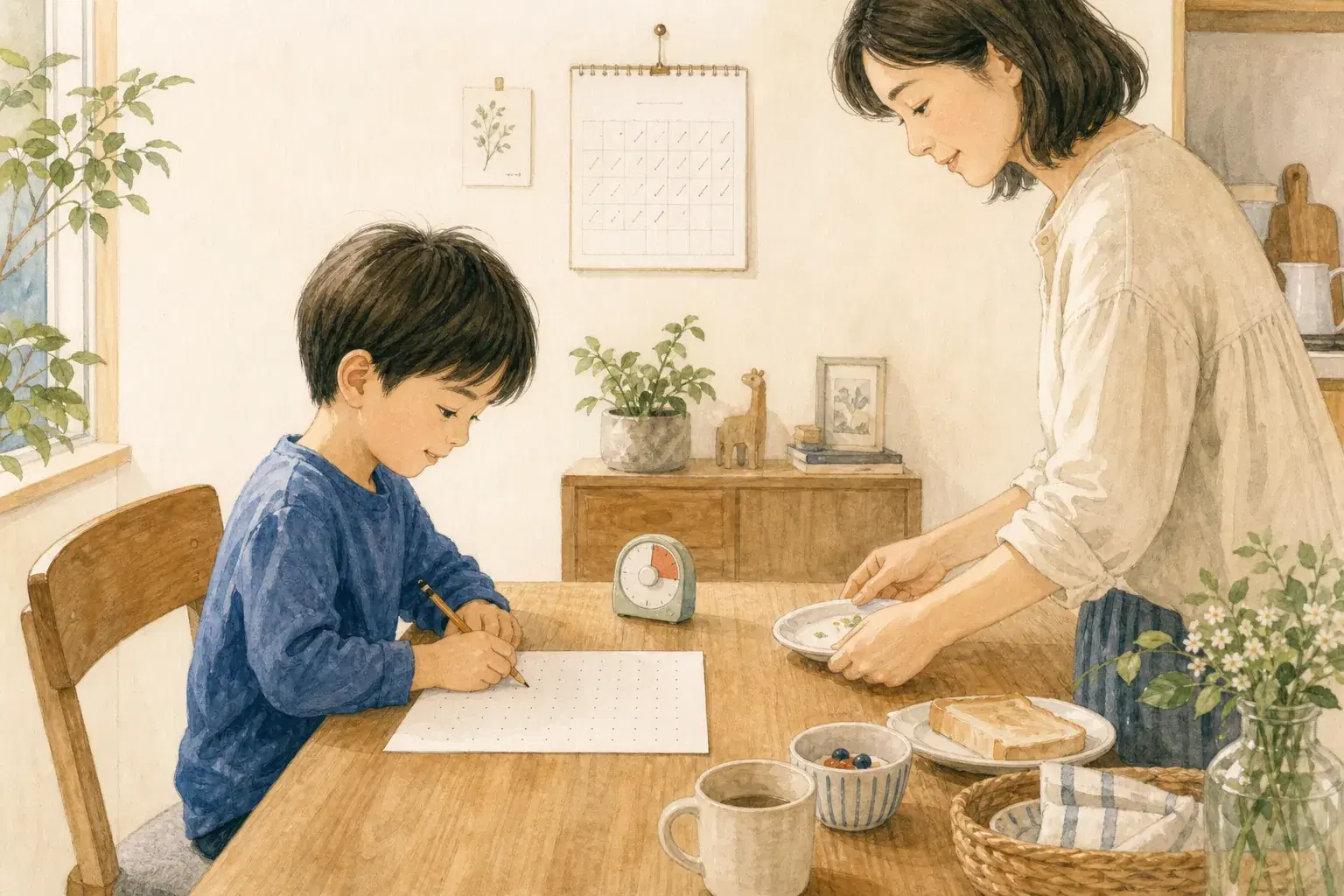 いつもの食卓に一枚のプリントと鉛筆が用意され、子どもが短い練習を始める朝の習慣