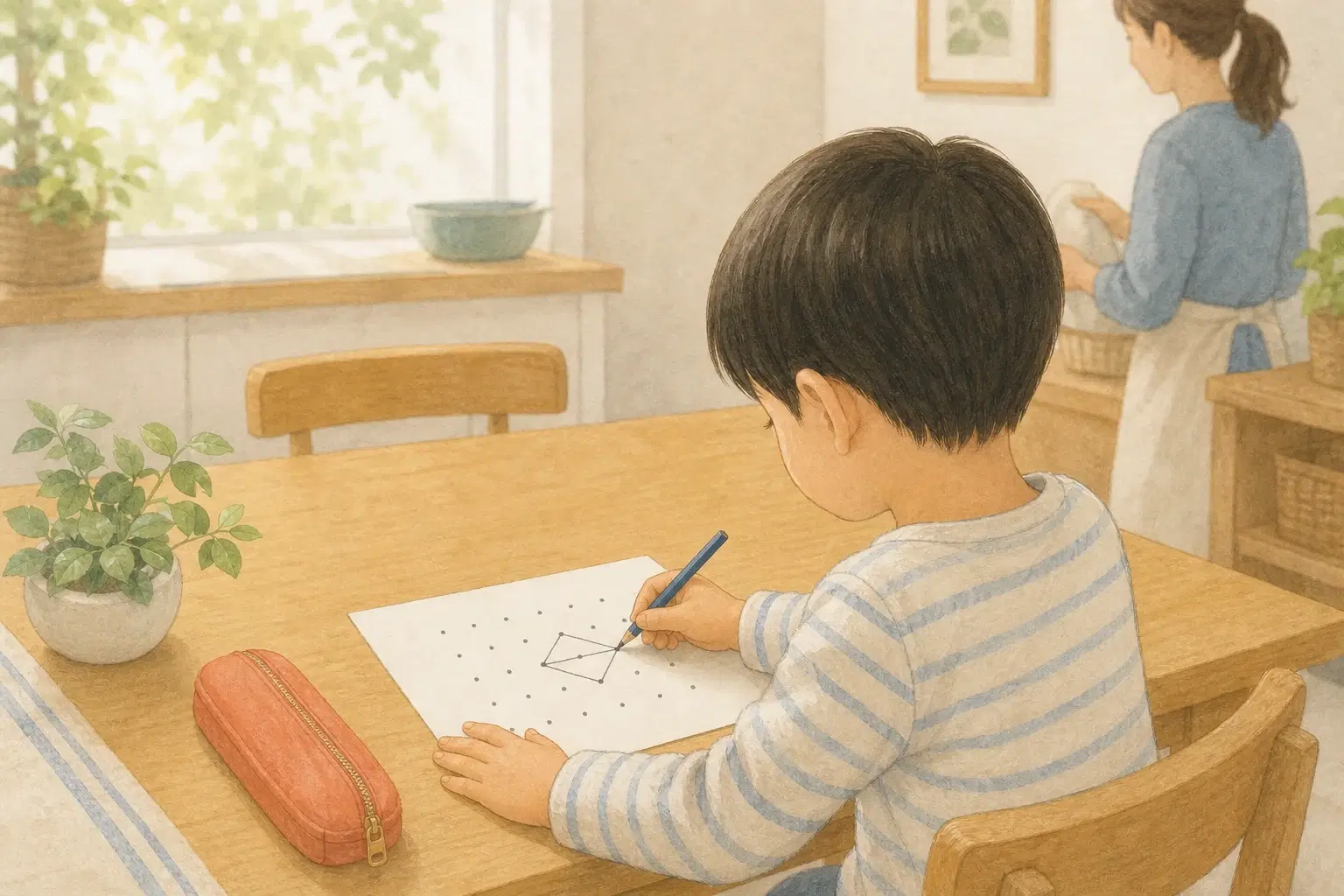 明るい食卓で、子どもが点描写のプリントに一人で取り組み、少し離れた場所で親が見守る様子