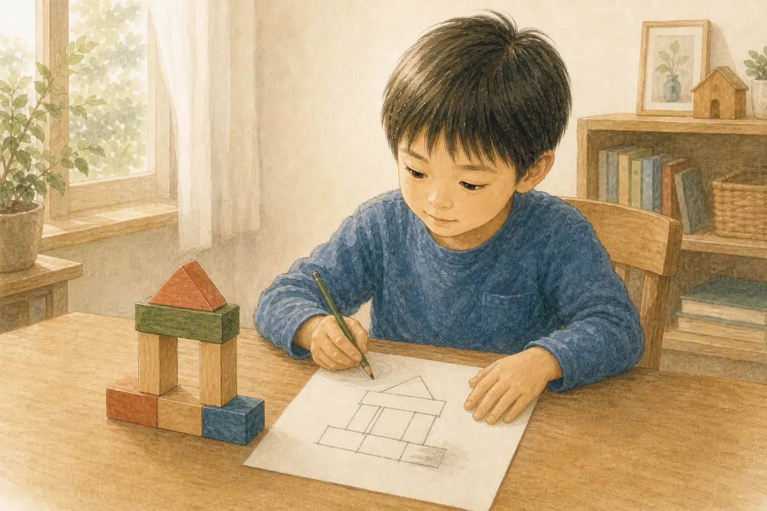 木の積み木で作った形と、子どもが紙に描きかけた不完全な図を見比べる様子