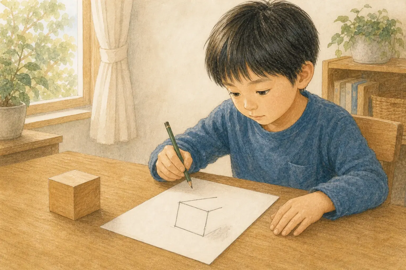 机の上の木の立方体を見ながら、奥行きの線がずれた不完全な立方体を紙に描いている子ども