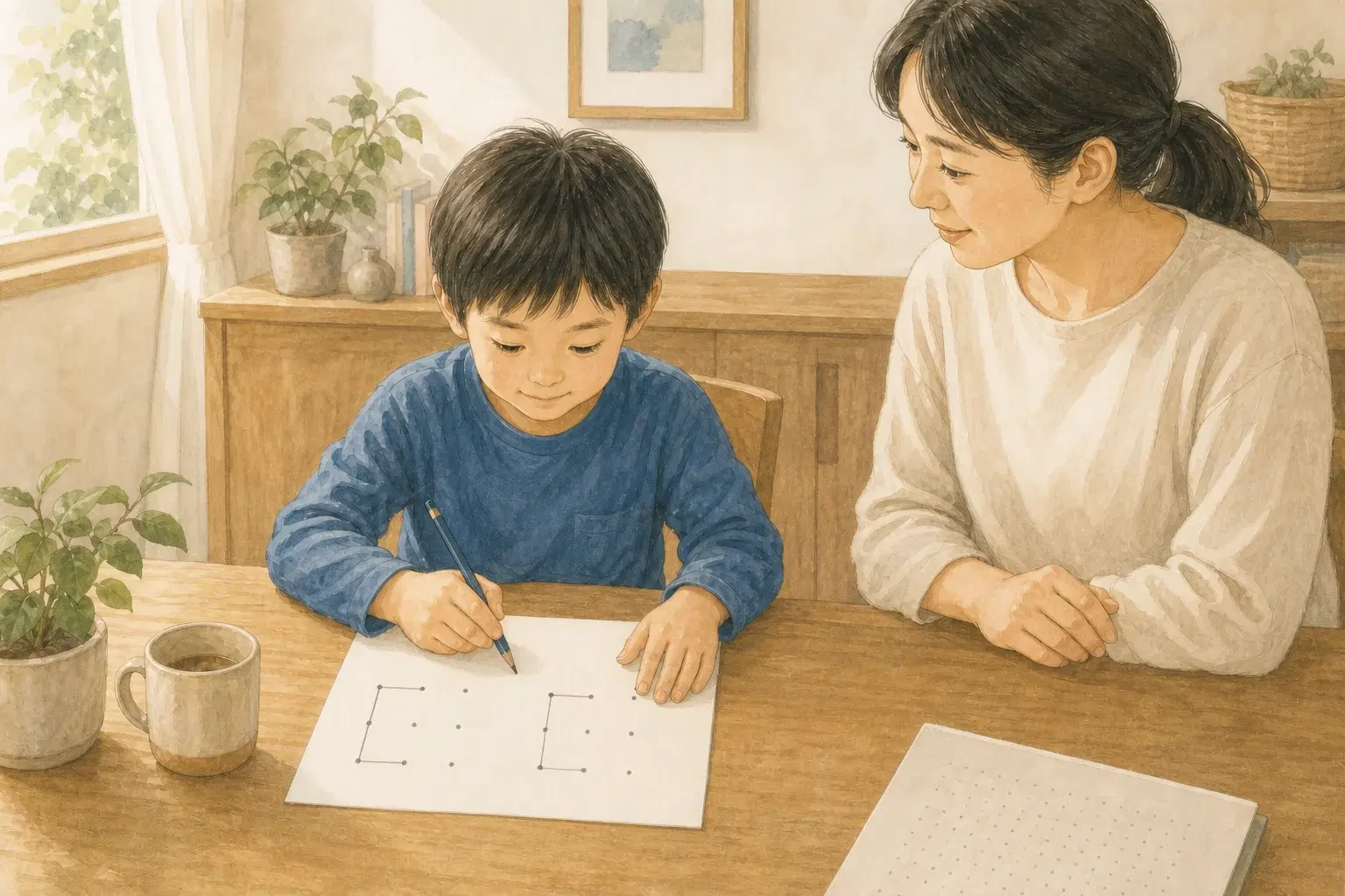明るい食卓で、子どもが3×3のやさしい点描写に取り組み、少し離れて親が見守る様子。難しい点の多い紙は脇に置かれている