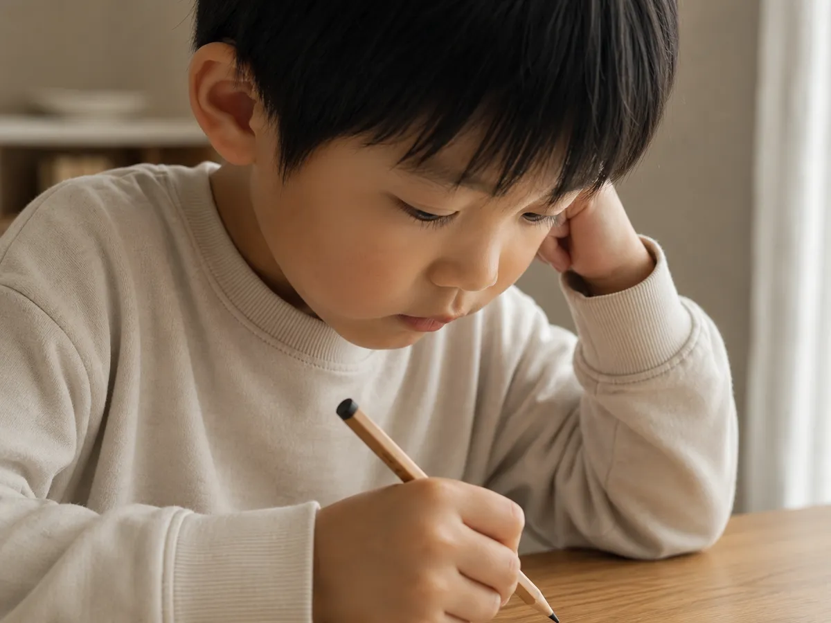 鉛筆を持って机に向かい、じっと考えながら手を動かしている子ども